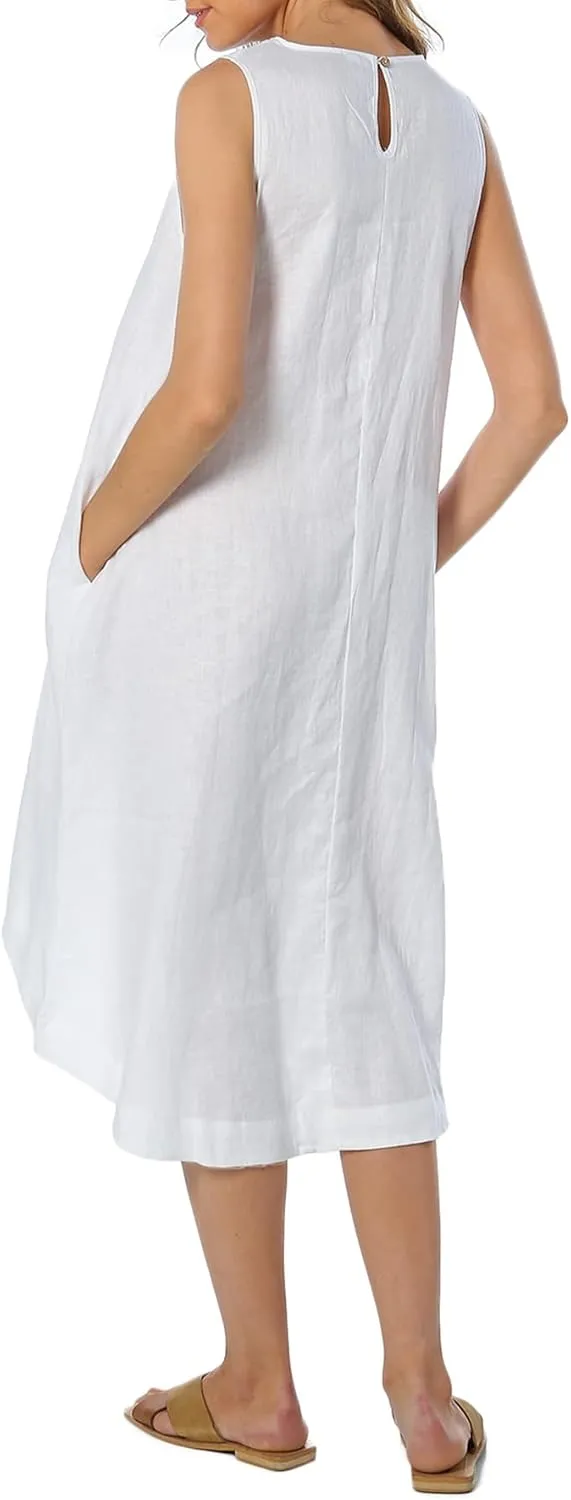 Amazhiyu Women’s 100% Linen High Low Midi Dress with Pockets for Summer Casual Flowy Dresses