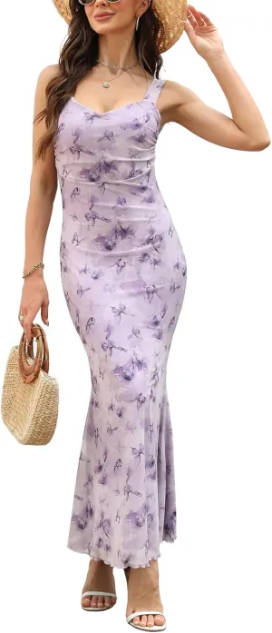 Amilia Womens Sexy V Neck Floral Ruched Mesh Slip Dress Cami Fishtail Bodycon Cocktail Party Midi Sheath Dresses