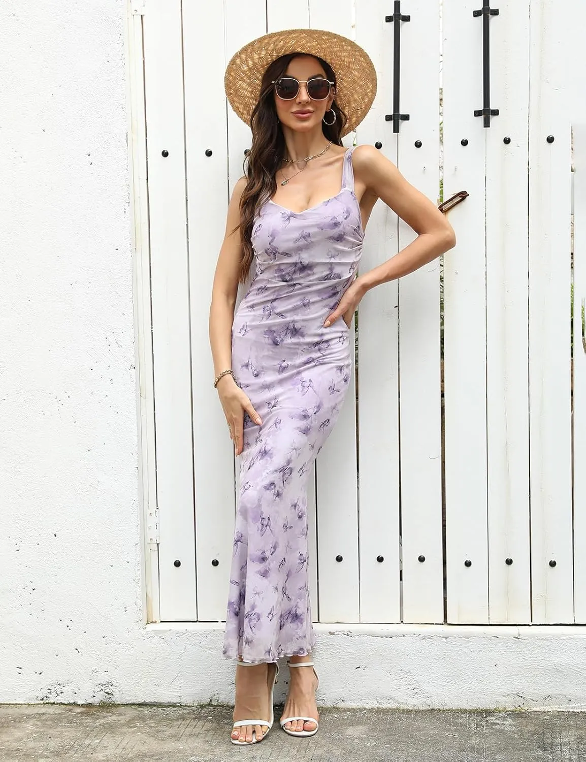 Amilia Womens Sexy V Neck Floral Ruched Mesh Slip Dress Cami Fishtail Bodycon Cocktail Party Midi Sheath Dresses