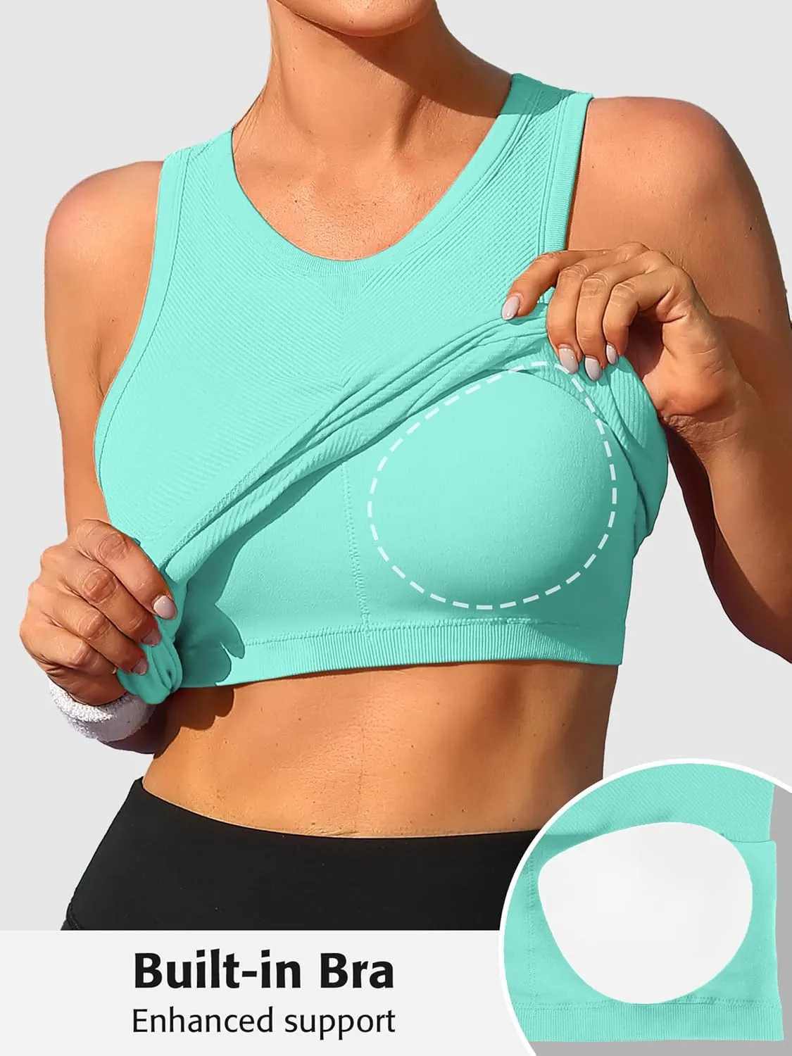 ATTRACO Workout Tank Tops for Women Seamless Full Length Gym Tops Athletic Yoga Top Built in Bra