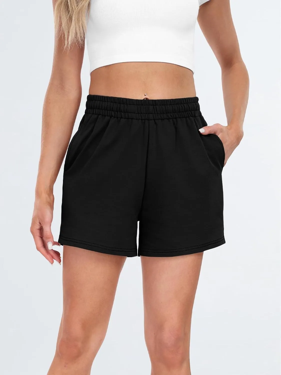 AUTOMET Womens Sweat Shorts Casual Summer Drawstring Comfy Elastic High Waist Running Clothes with Pockets