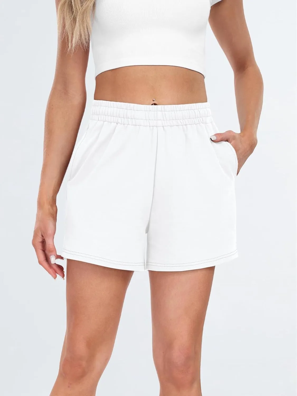 AUTOMET Womens Sweat Shorts Casual Summer Drawstring Comfy Elastic High Waist Running Clothes with Pockets