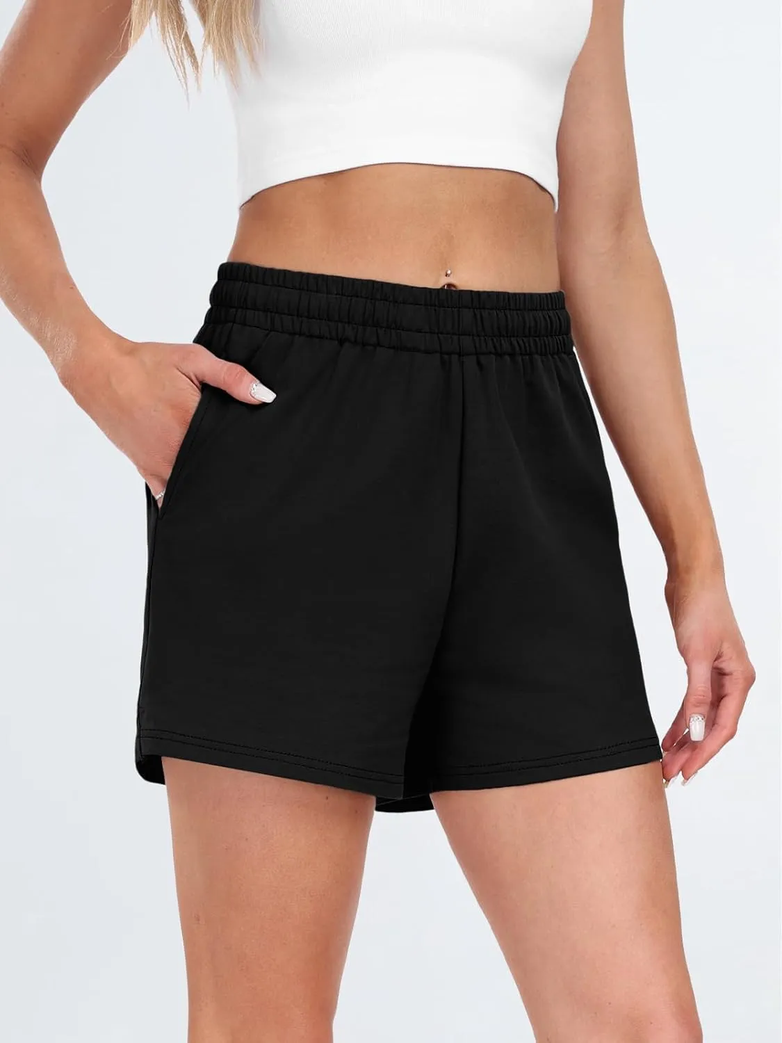 AUTOMET Womens Sweat Shorts Casual Summer Drawstring Comfy Elastic High Waist Running Clothes with Pockets