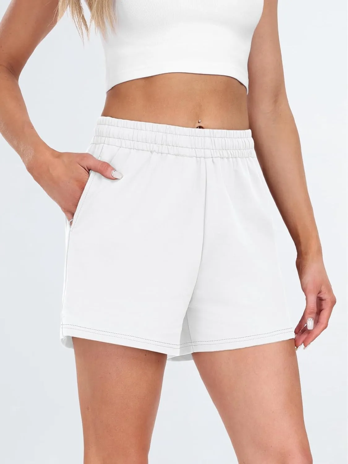 AUTOMET Womens Sweat Shorts Casual Summer Drawstring Comfy Elastic High Waist Running Clothes with Pockets