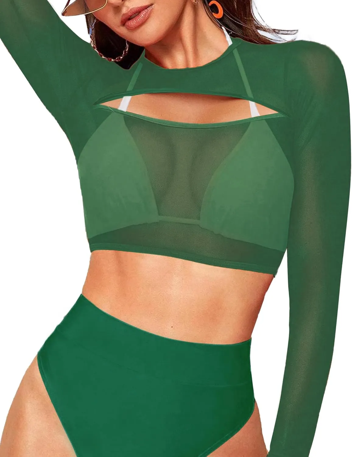 Avidlove Women Mesh Crop Top Long Sleeve Tee Shirt Sheer Blouse Cutout Clubwear