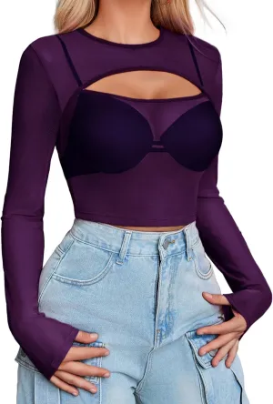 Avidlove Women Mesh Crop Top Long Sleeve Tee Shirt Sheer Blouse Cutout Clubwear
