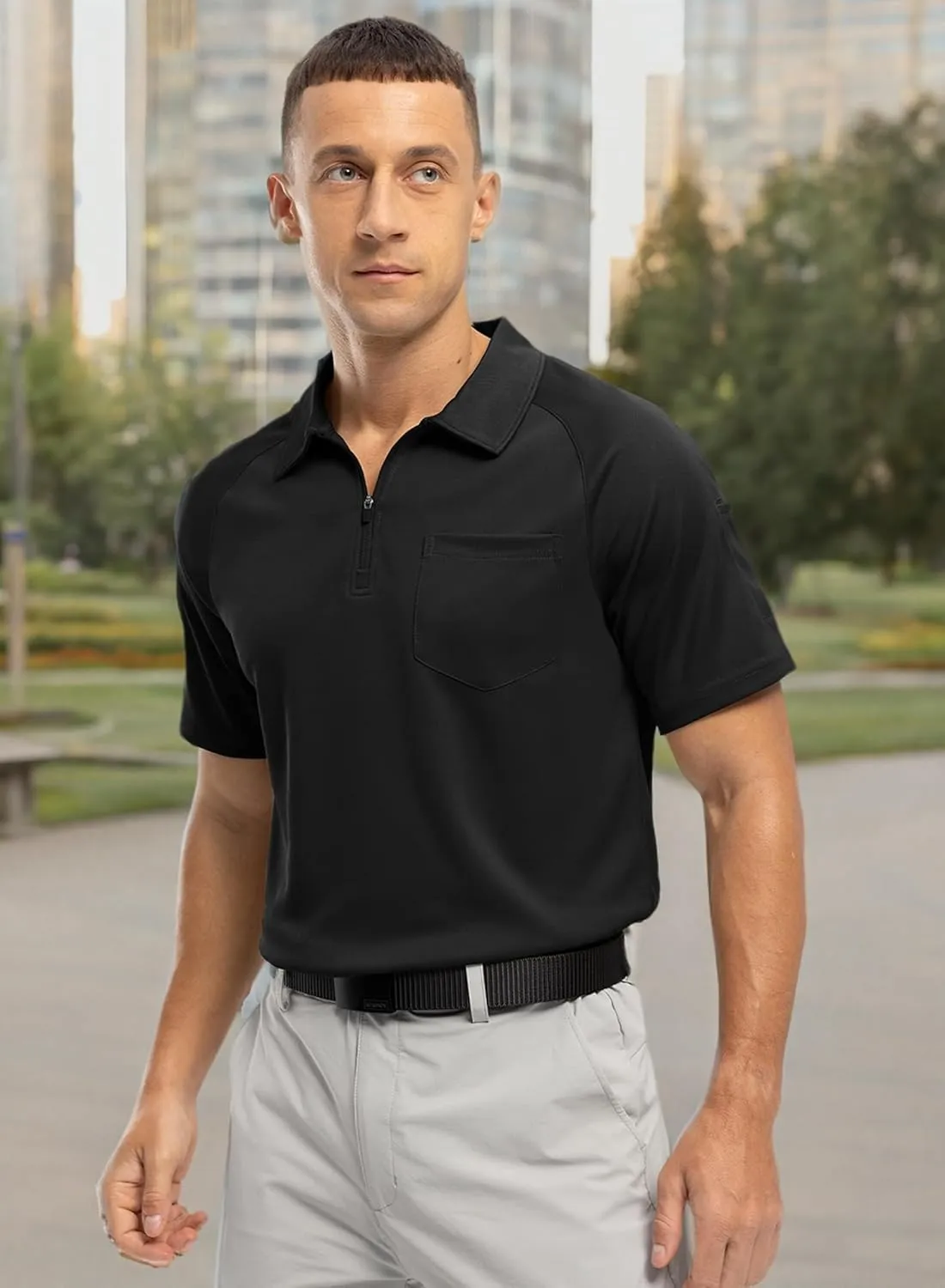 BASUDAM Men's Zippered Polo Shirts with Pocket Quick Dry Short Sleeve Active Performance