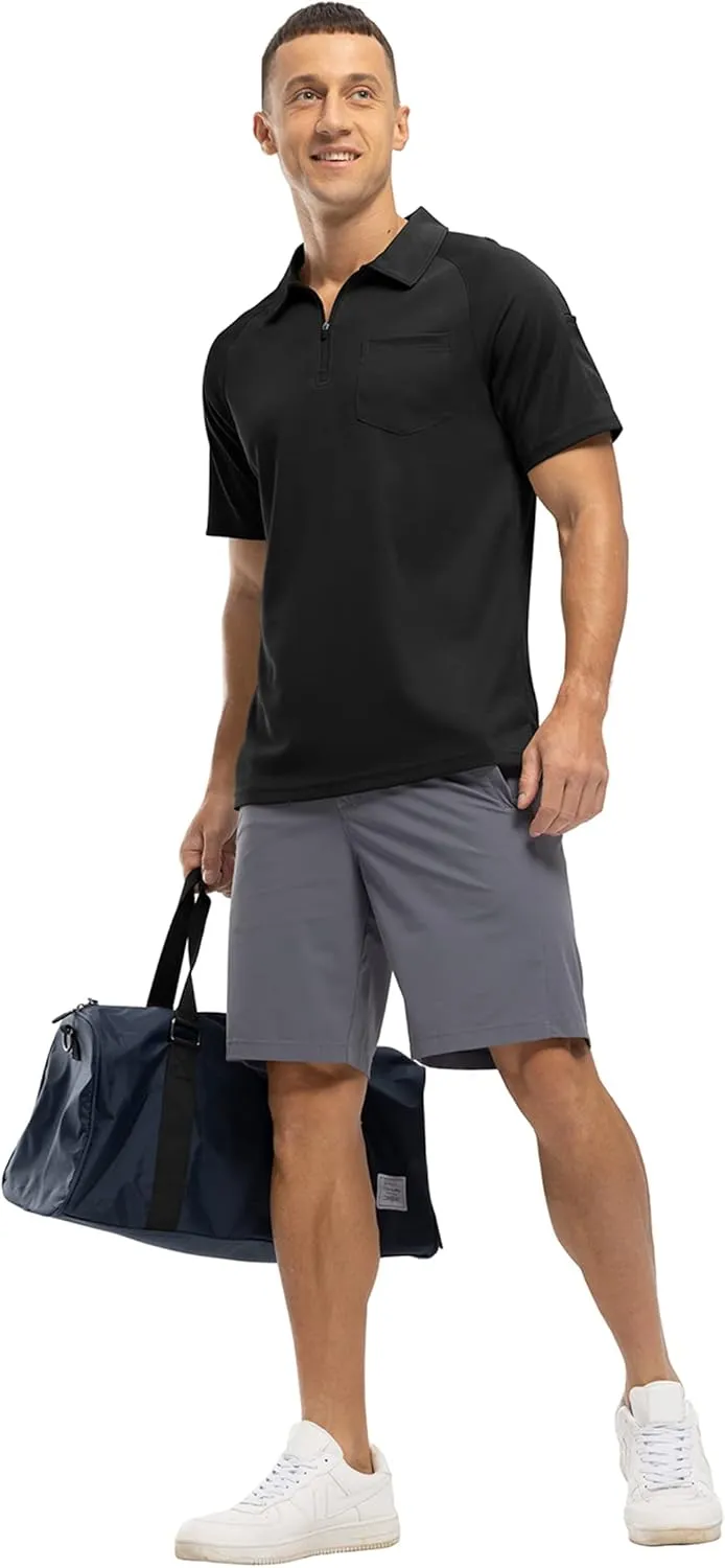 BASUDAM Men's Zippered Polo Shirts with Pocket Quick Dry Short Sleeve Active Performance