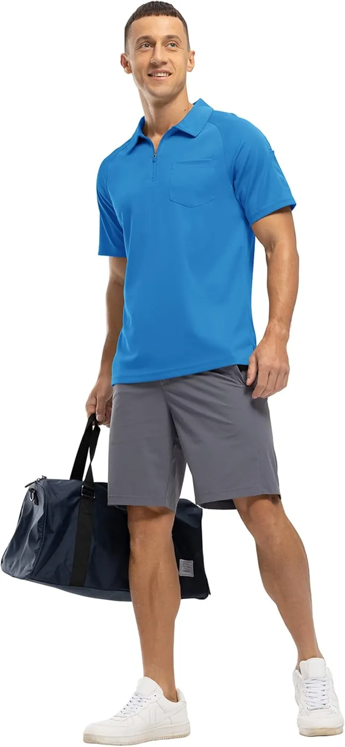 BASUDAM Men's Zippered Polo Shirts with Pocket Quick Dry Short Sleeve Active Performance
