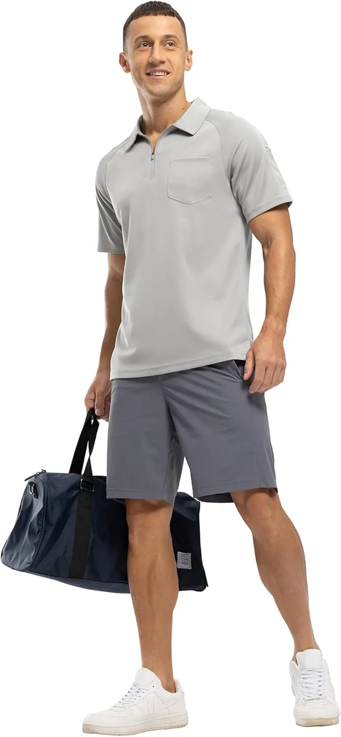 BASUDAM Men's Zippered Polo Shirts with Pocket Quick Dry Short Sleeve Active Performance