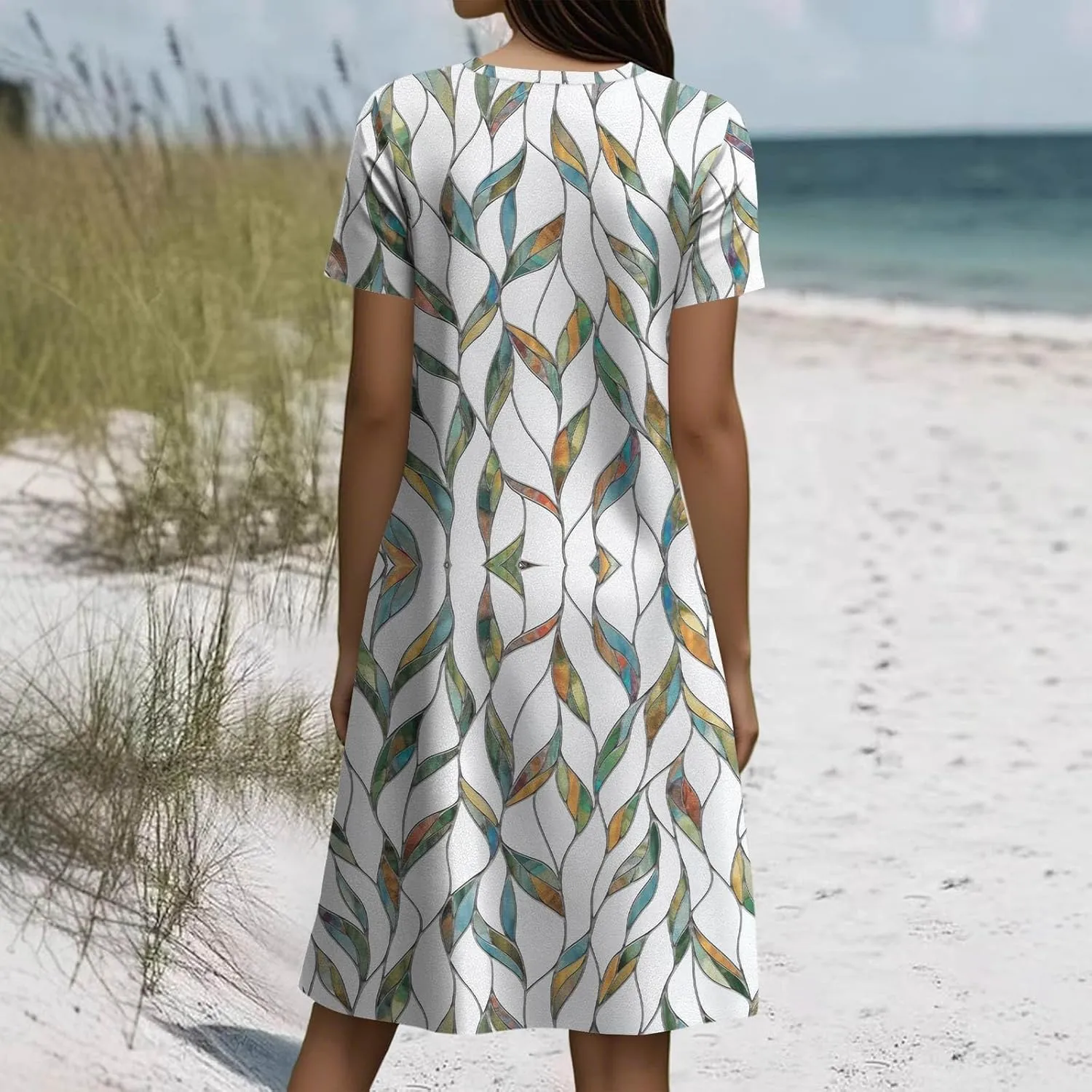 BAXLIMEK Beach Dresses for Women,2025 Summer Trendy Floral Print Boho Vacation Dress,Casual Short Sleeve Flowy Midi Dress