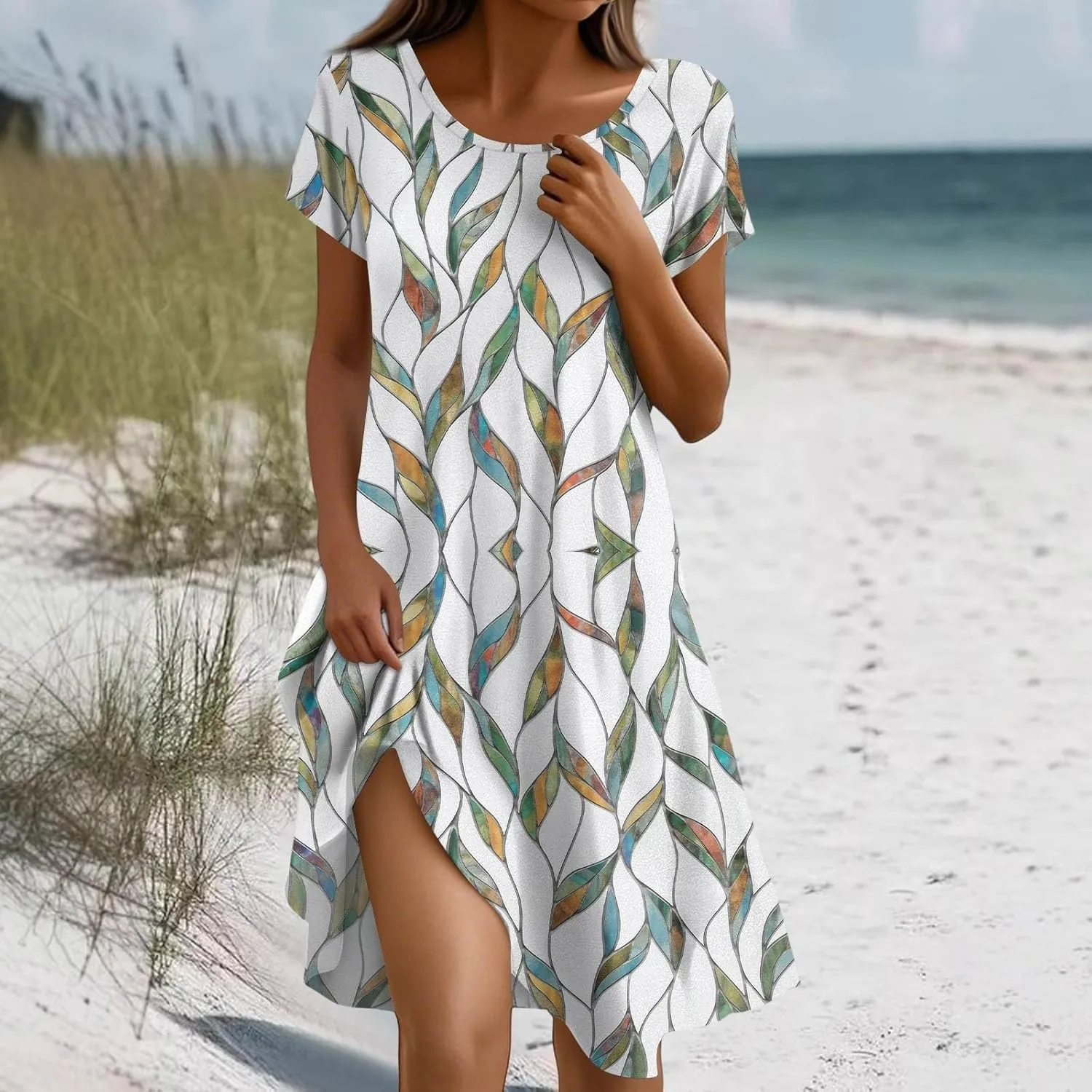 BAXLIMEK Beach Dresses for Women,2025 Summer Trendy Floral Print Boho Vacation Dress,Casual Short Sleeve Flowy Midi Dress