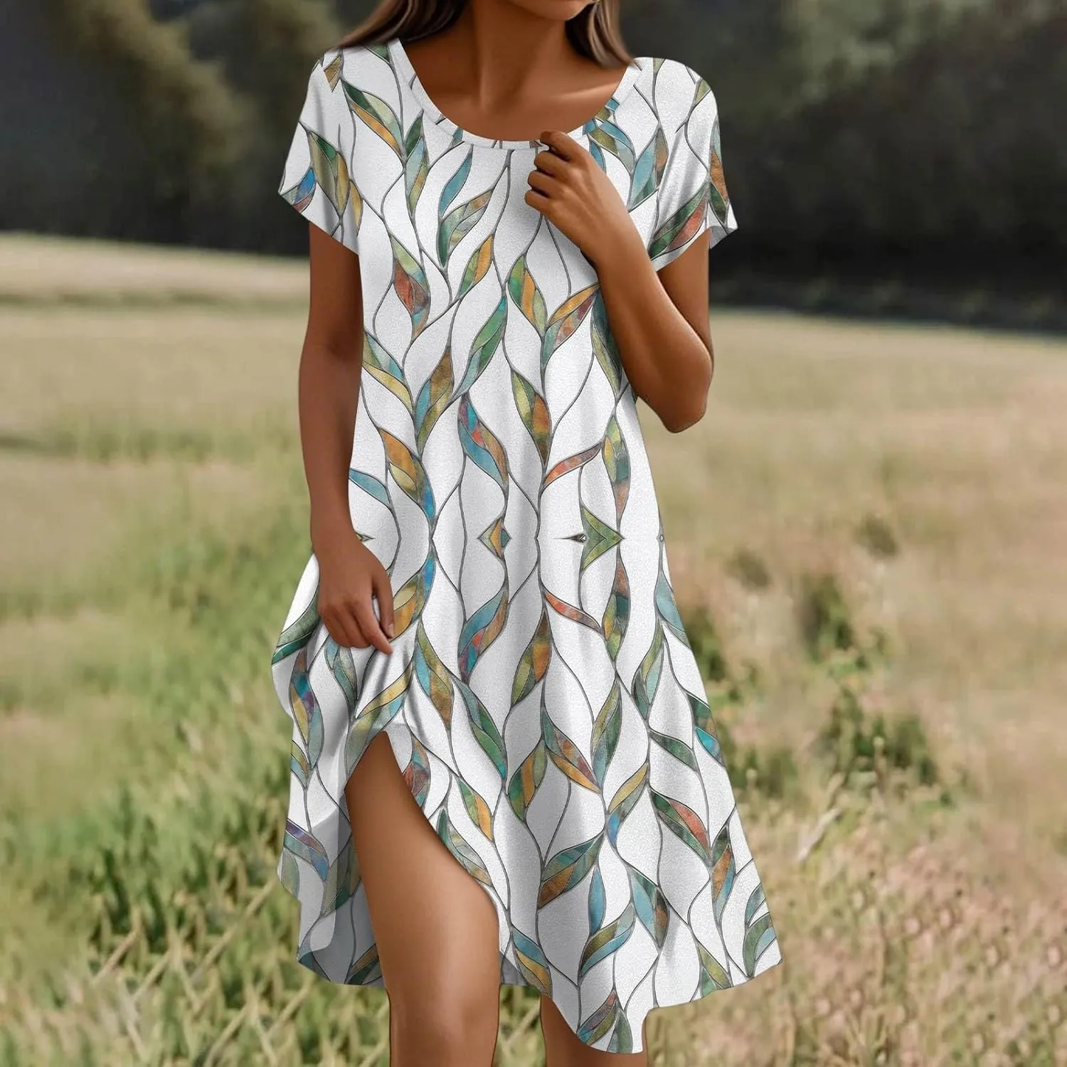 BAXLIMEK Beach Dresses for Women,2025 Summer Trendy Floral Print Boho Vacation Dress,Casual Short Sleeve Flowy Midi Dress
