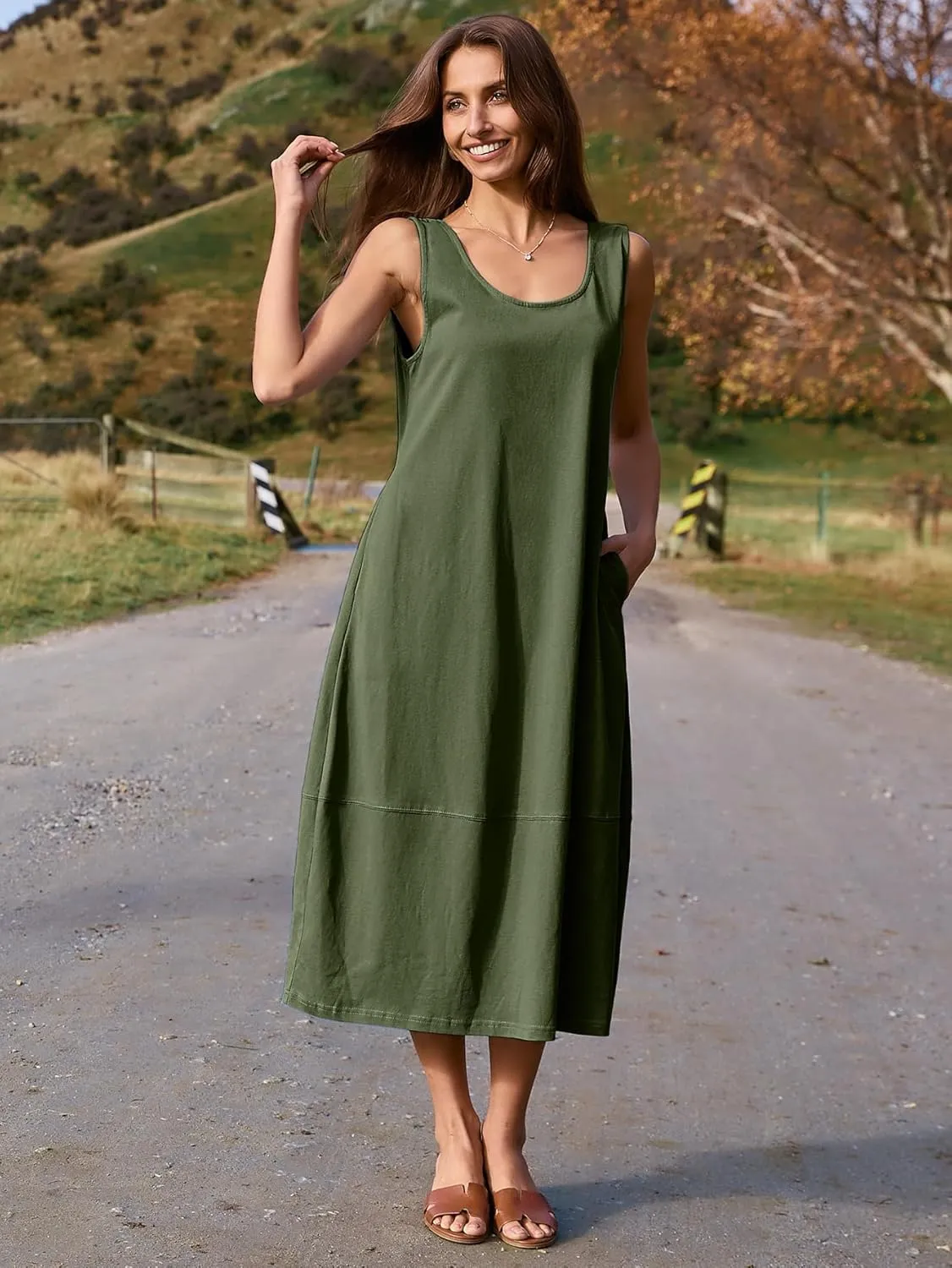 BerryGo Women's Loose Casual Midi Cotton Dresses Sundress Sleeveless Beach Summer Trendy Tank Top Dress with Pockets