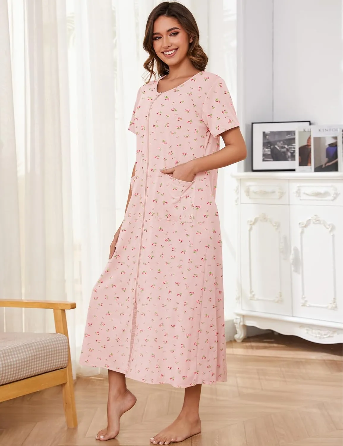 Bloggerlove Zipper Front Robes for Women House Coat Half Sleeve Loungewear Long Nightgown with Pockets S-3XL