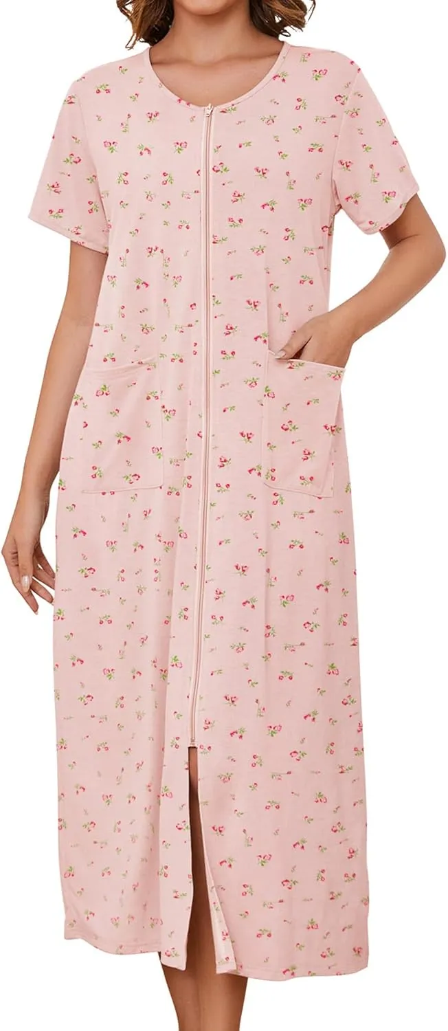 Bloggerlove Zipper Front Robes for Women House Coat Half Sleeve Loungewear Long Nightgown with Pockets S-3XL