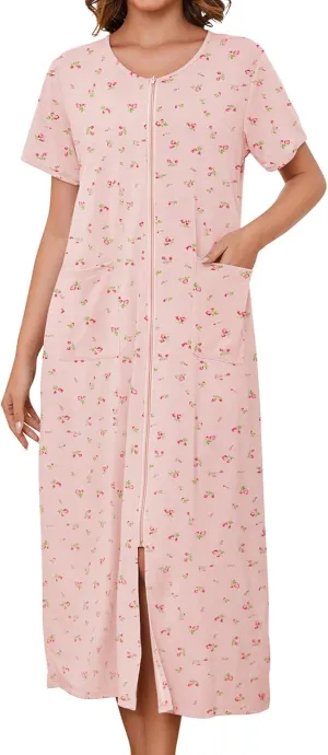 Bloggerlove Zipper Front Robes for Women House Coat Half Sleeve Loungewear Long Nightgown with Pockets S-3XL