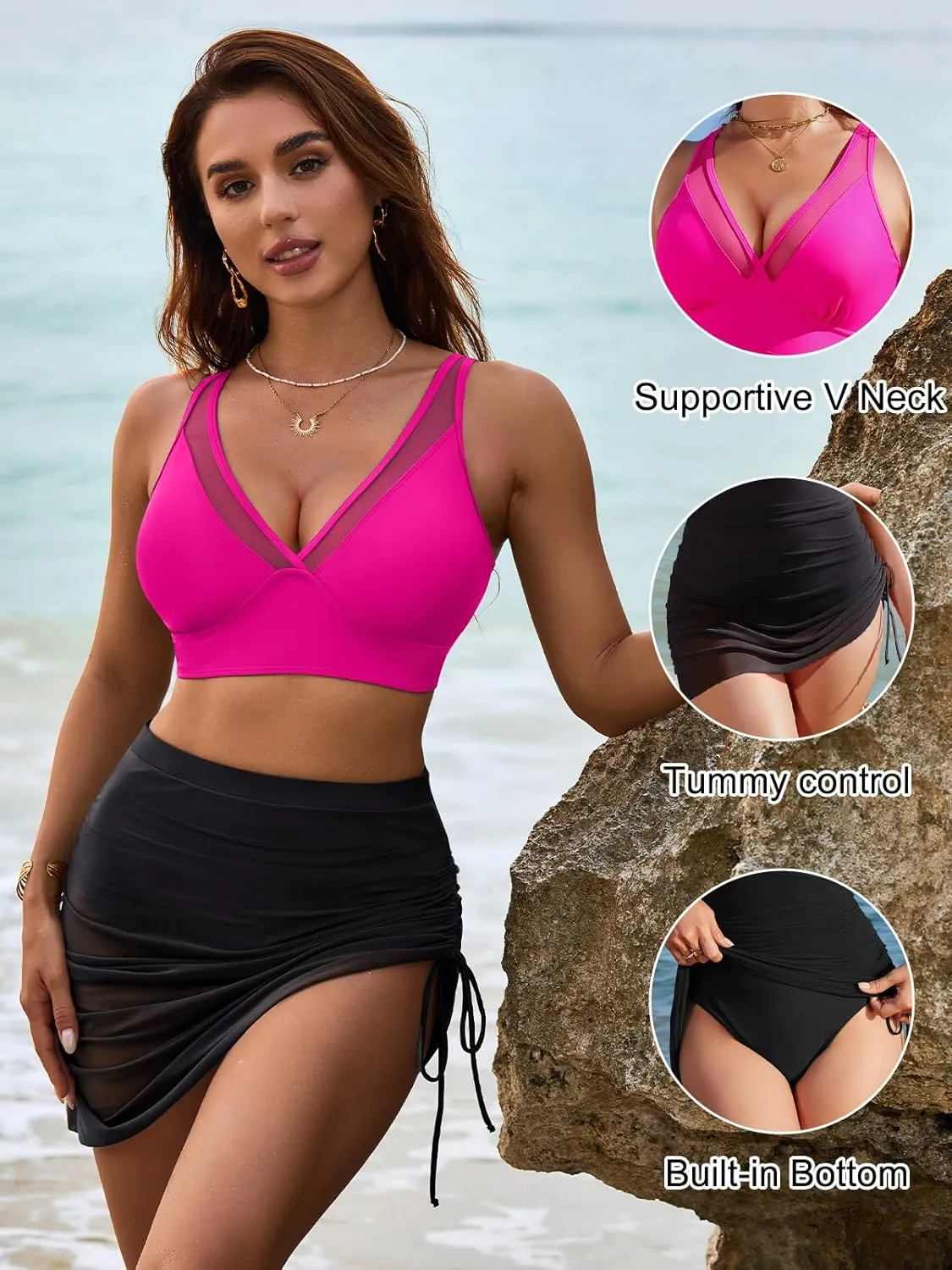 Blooming Jelly Womens Swim Skirt High Waisted Bikini Sets Tummy Control Swimsuits Mesh Sarong Wraps Bathing Suits