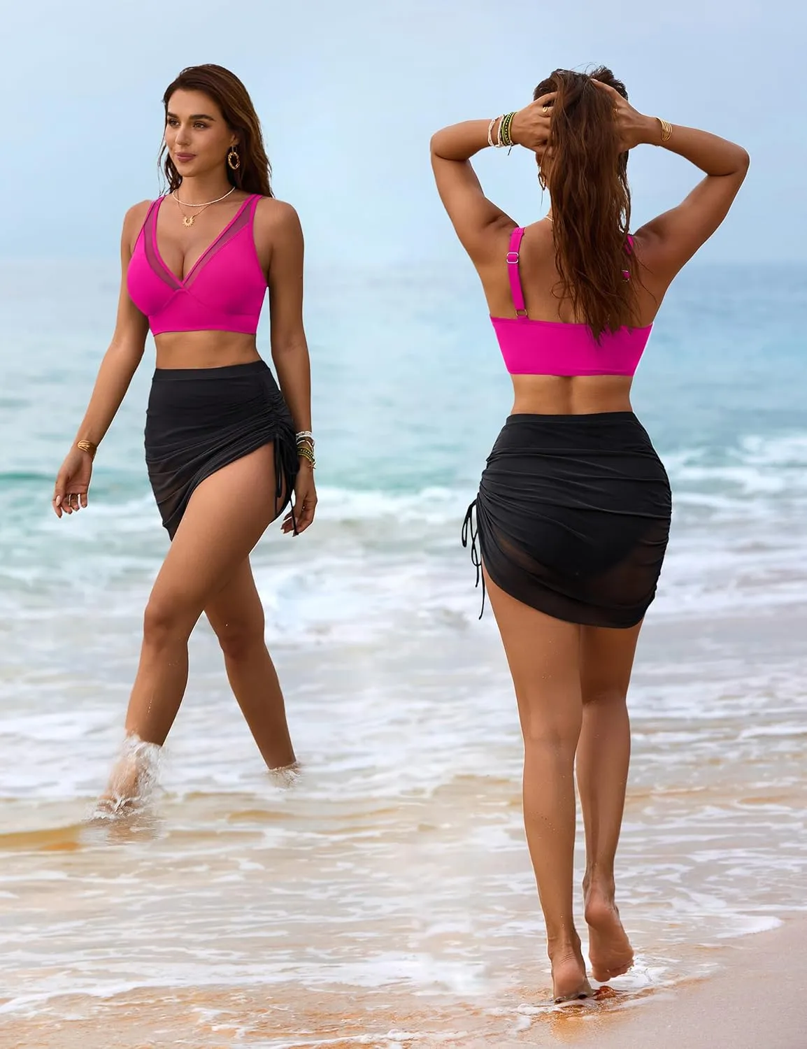 Blooming Jelly Womens Swim Skirt High Waisted Bikini Sets Tummy Control Swimsuits Mesh Sarong Wraps Bathing Suits