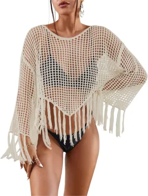 Bsubseach 2025 Beach Cover Up for Women Fringe Crochet Top Summer Bikini Coverups Long Sleeve Hollow Out Swimsuit Coverup