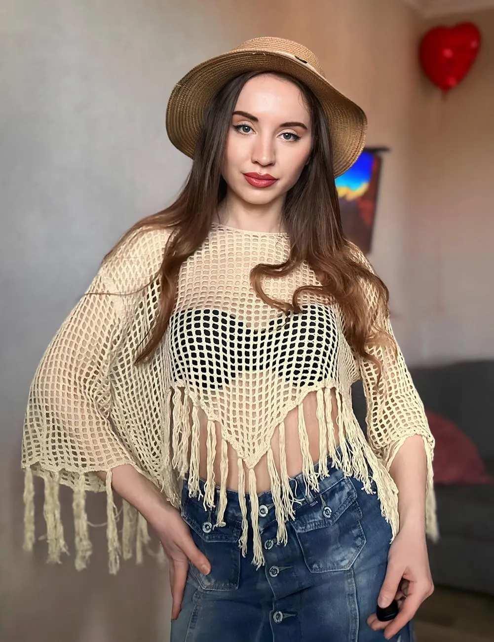 Bsubseach 2025 Beach Cover Up for Women Fringe Crochet Top Summer Bikini Coverups Long Sleeve Hollow Out Swimsuit Coverup