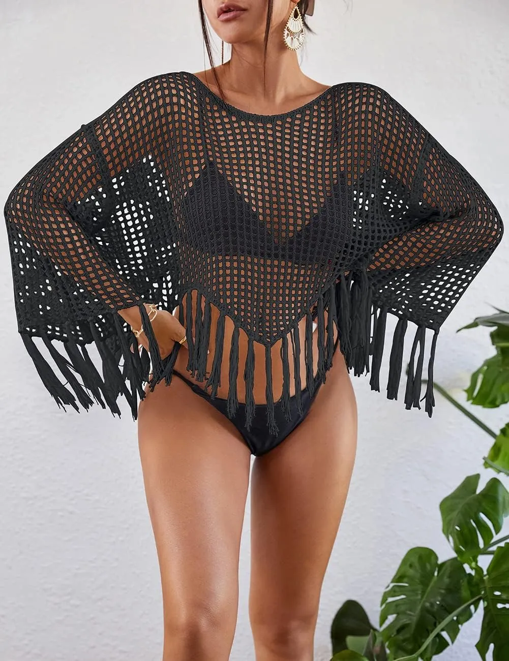 Bsubseach 2025 Beach Cover Up for Women Fringe Crochet Top Summer Bikini Coverups Long Sleeve Hollow Out Swimsuit Coverup