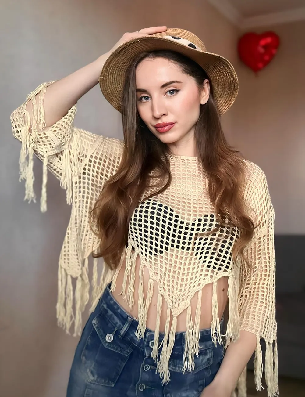 Bsubseach 2025 Beach Cover Up for Women Fringe Crochet Top Summer Bikini Coverups Long Sleeve Hollow Out Swimsuit Coverup