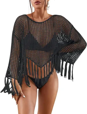 Bsubseach 2025 Beach Cover Up for Women Fringe Crochet Top Summer Bikini Coverups Long Sleeve Hollow Out Swimsuit Coverup