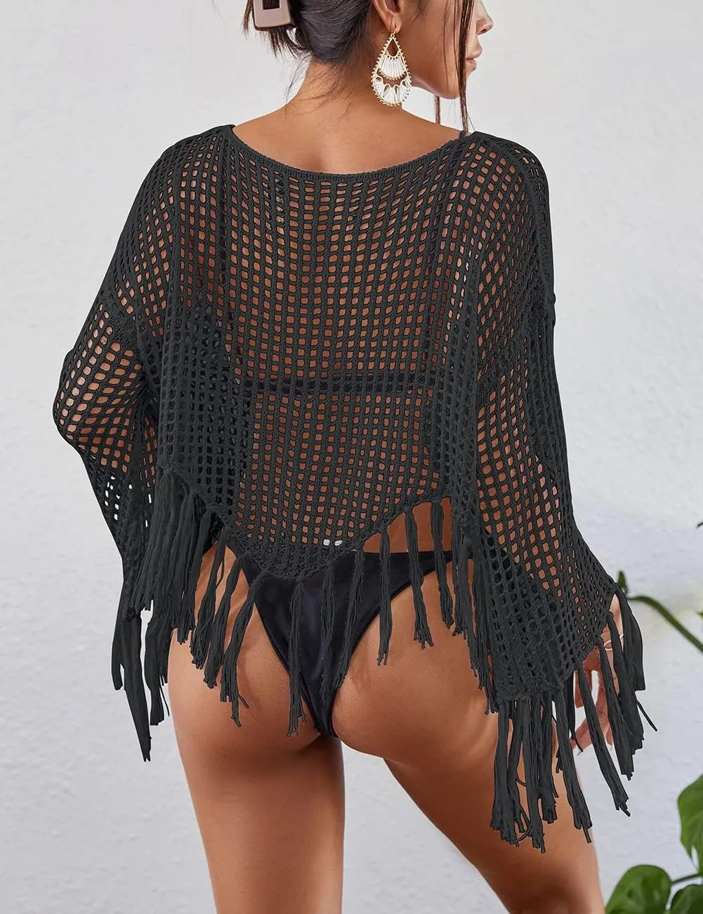 Bsubseach 2025 Beach Cover Up for Women Fringe Crochet Top Summer Bikini Coverups Long Sleeve Hollow Out Swimsuit Coverup
