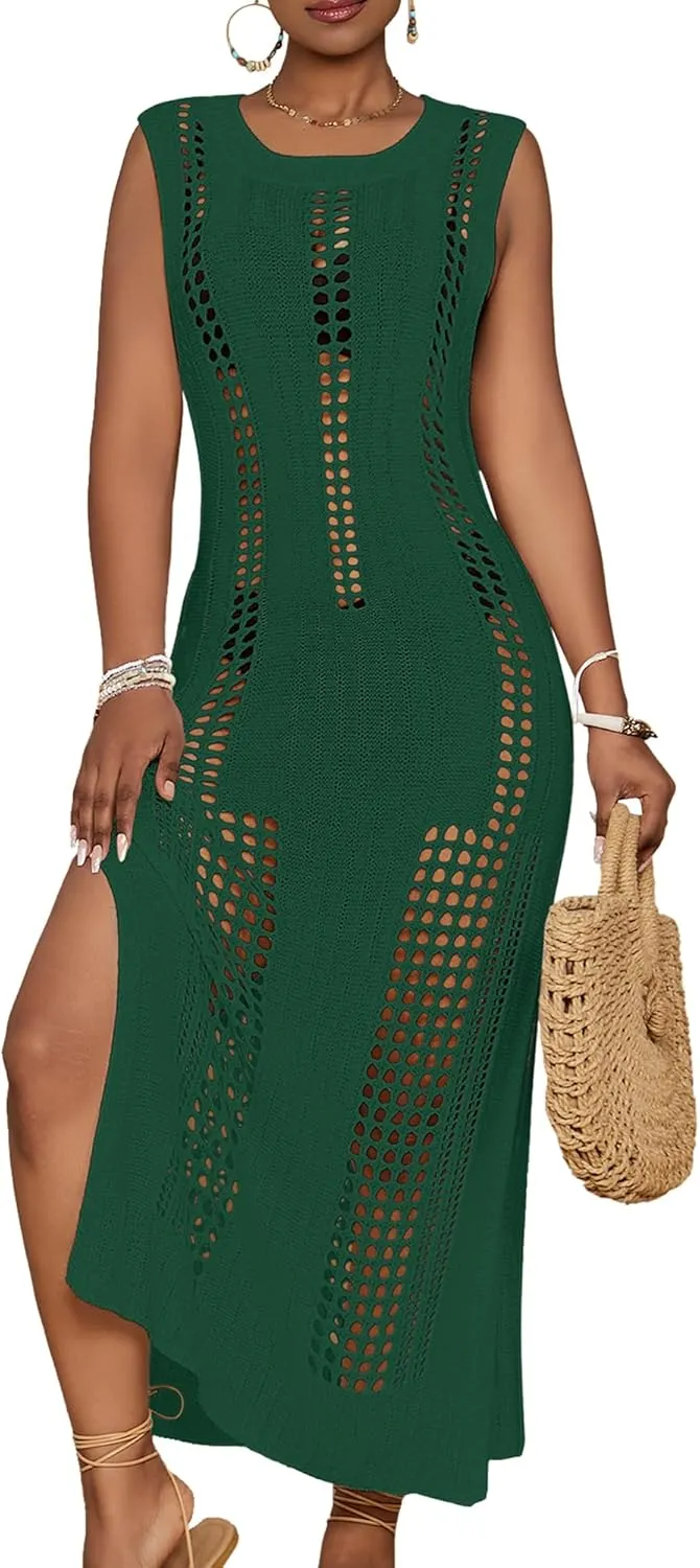 Bsubseach Crochet Beach Cover Ups for Women Sleeveles Swimsuit Coverups Hollow Out Summer Knit Bikini Beachwear