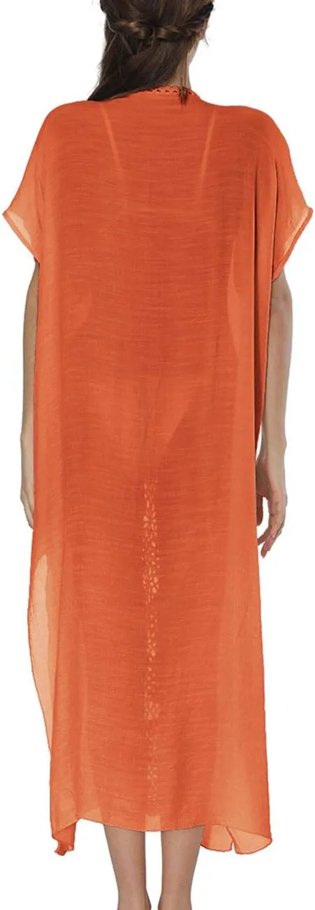 Bsubseach Women Mexican Embroidered Kaftan Dresses Deep V Neck Short Sleeve Beach Side Split Cover Up for Women Caftan Dress