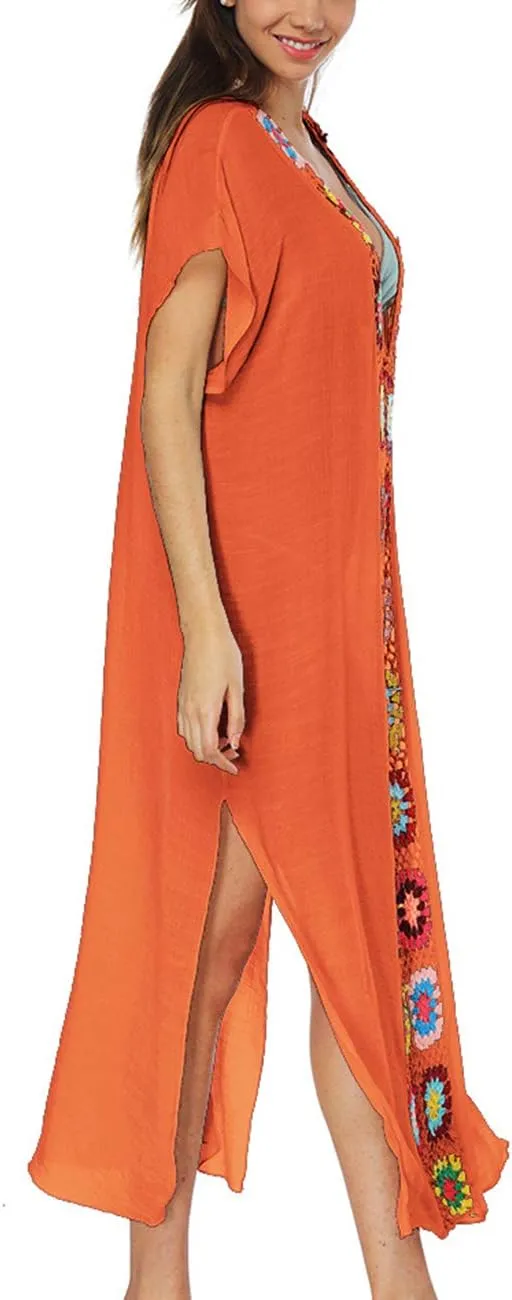 Bsubseach Women Mexican Embroidered Kaftan Dresses Deep V Neck Short Sleeve Beach Side Split Cover Up for Women Caftan Dress