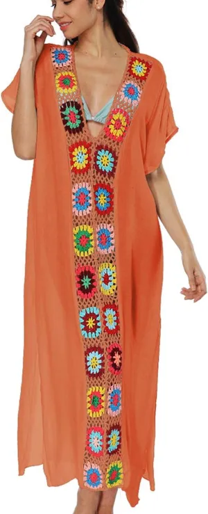 Bsubseach Women Mexican Embroidered Kaftan Dresses Deep V Neck Short Sleeve Beach Side Split Cover Up for Women Caftan Dress