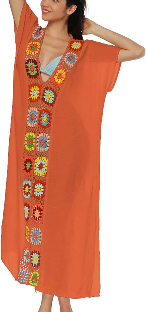 Bsubseach Women Mexican Embroidered Kaftan Dresses Deep V Neck Short Sleeve Beach Side Split Cover Up for Women Caftan Dress