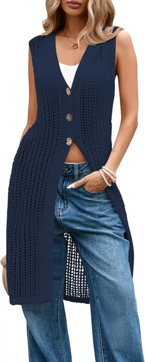 Cakulo Womens Sleeveless Crochet Cardigans Beach Cover Up 2025 Summer Long Knit Sweater Vest Tops