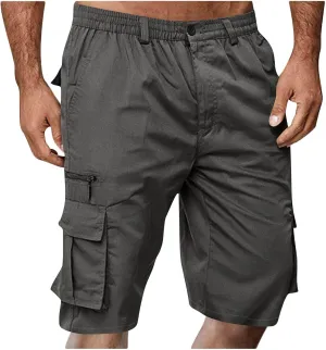 Cargo Shorts for Men Summer Work Hiking Pants Elastic Waist Knee Length Big and Tall Bermuda Shorts with Pockets