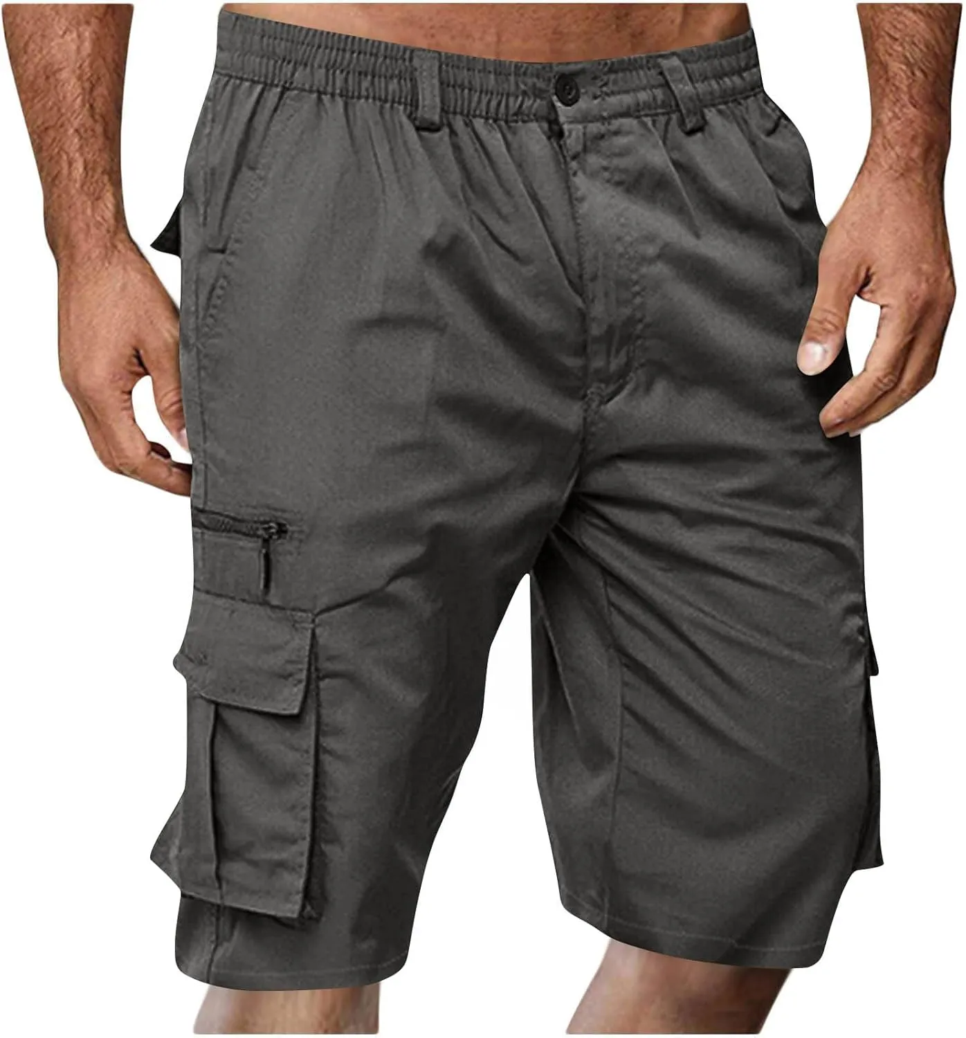Cargo Shorts for Men Summer Work Hiking Pants Elastic Waist Knee Length Big and Tall Bermuda Shorts with Pockets