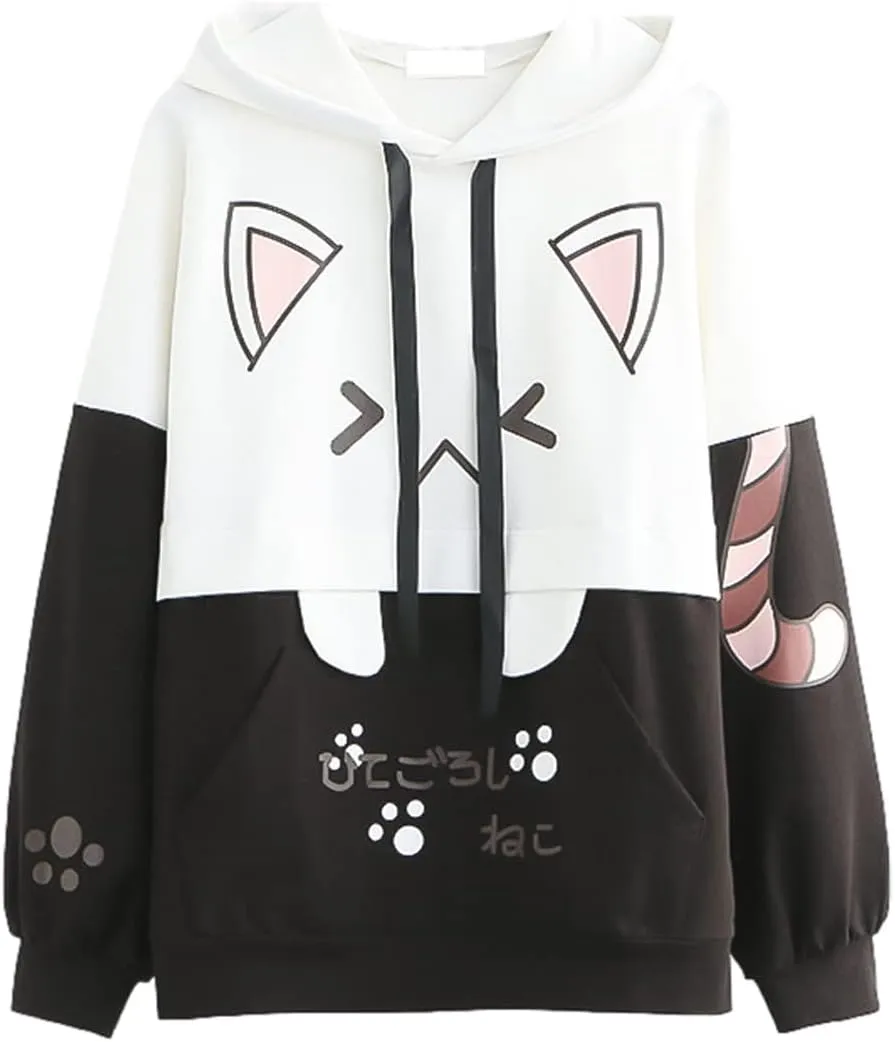 Cat Hoodie for Women Teens Lolita Kawaii Thin Cartoon Graphic Hoodies Printed Casual Long Sleeve Pullover Tops