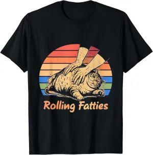 Cat Rolling Fatties Funny T-Shirt - Unisex Adults, Black, Small, Short Sleeve, T-Shirt, Cartoon, Humorous, Modern Cartoon
