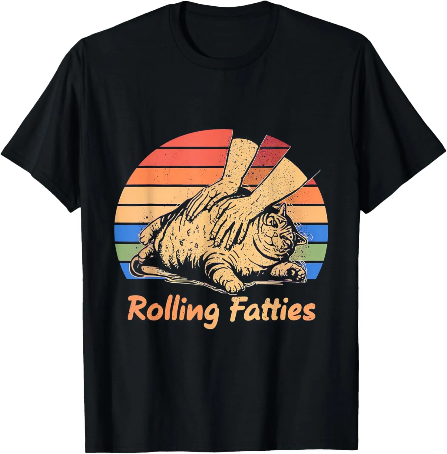 Cat Rolling Fatties Funny T-Shirt - Unisex Adults, Black, Small, Short Sleeve, T-Shirt, Cartoon, Humorous, Modern Cartoon