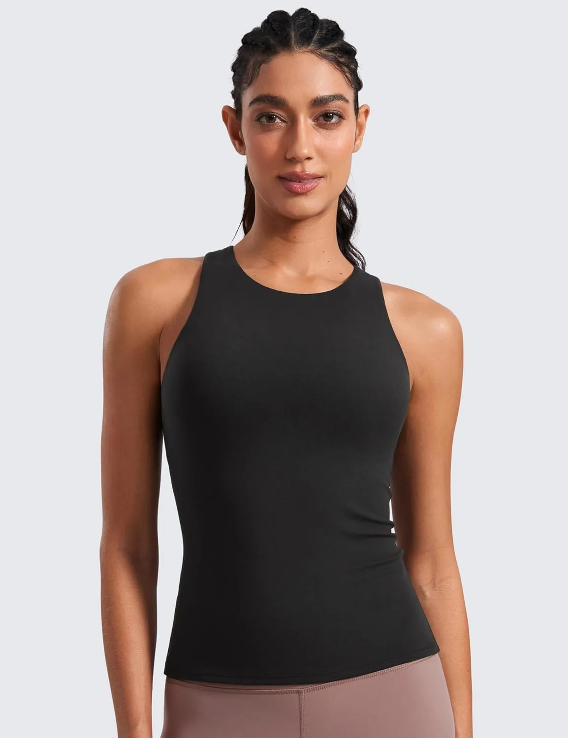CRZ YOGA Butterluxe Womens Racerback Workout Tank Top with Built in Shelf Bra - Padded High Neck Yoga Athletic Camisole