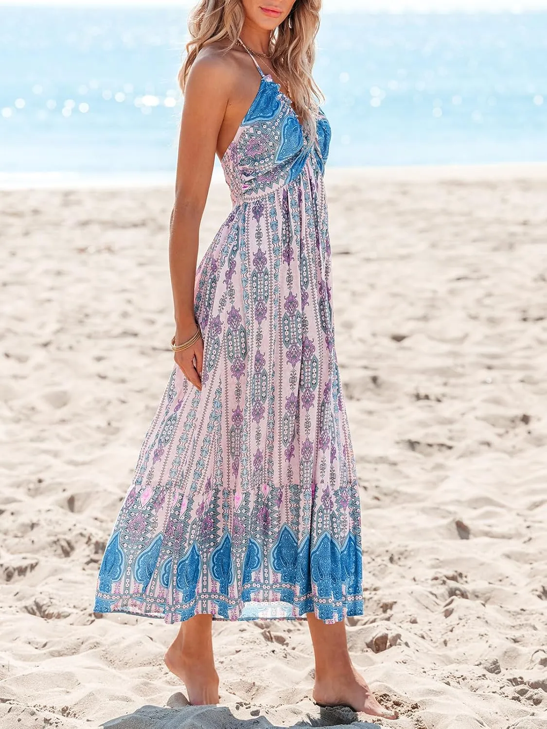 CUPSHE Women Backless Floral Summer Dress Plunging V Halter Neck Spaghetti Strap Ruffle Casual Beach Holiday Maxi Dress