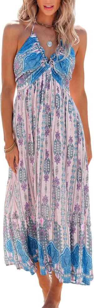 CUPSHE Women Backless Floral Summer Dress Plunging V Halter Neck Spaghetti Strap Ruffle Casual Beach Holiday Maxi Dress