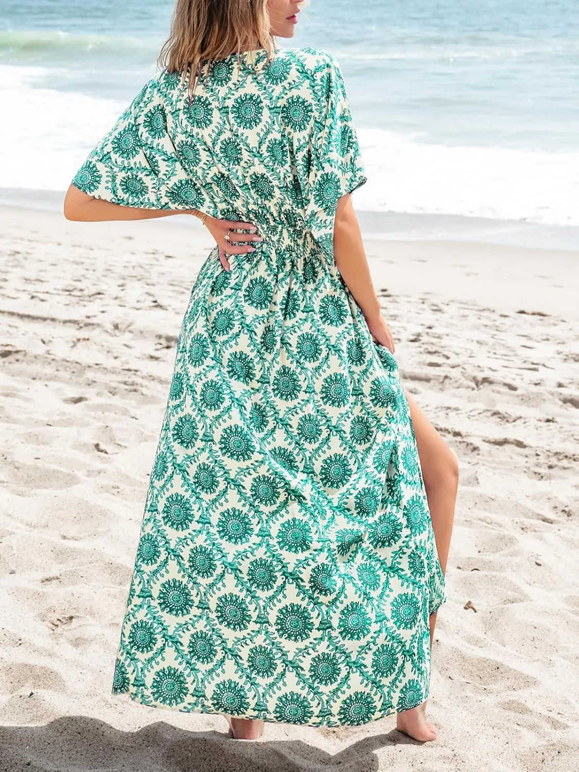 CUPSHE Women Boho Maxi Summer Dress Plunging V Half Dolman Sleeve Empired Waist Side Slit Sundress Holiday Beach Dresses