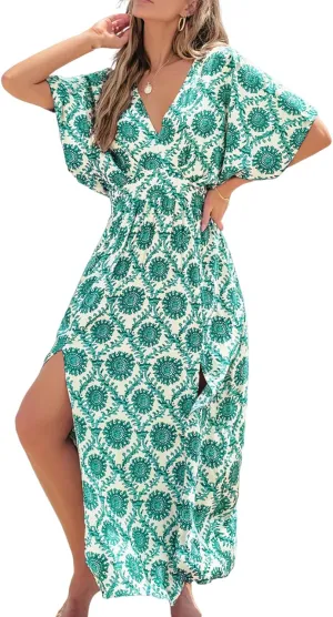 CUPSHE Women Boho Maxi Summer Dress Plunging V Half Dolman Sleeve Empired Waist Side Slit Sundress Holiday Beach Dresses