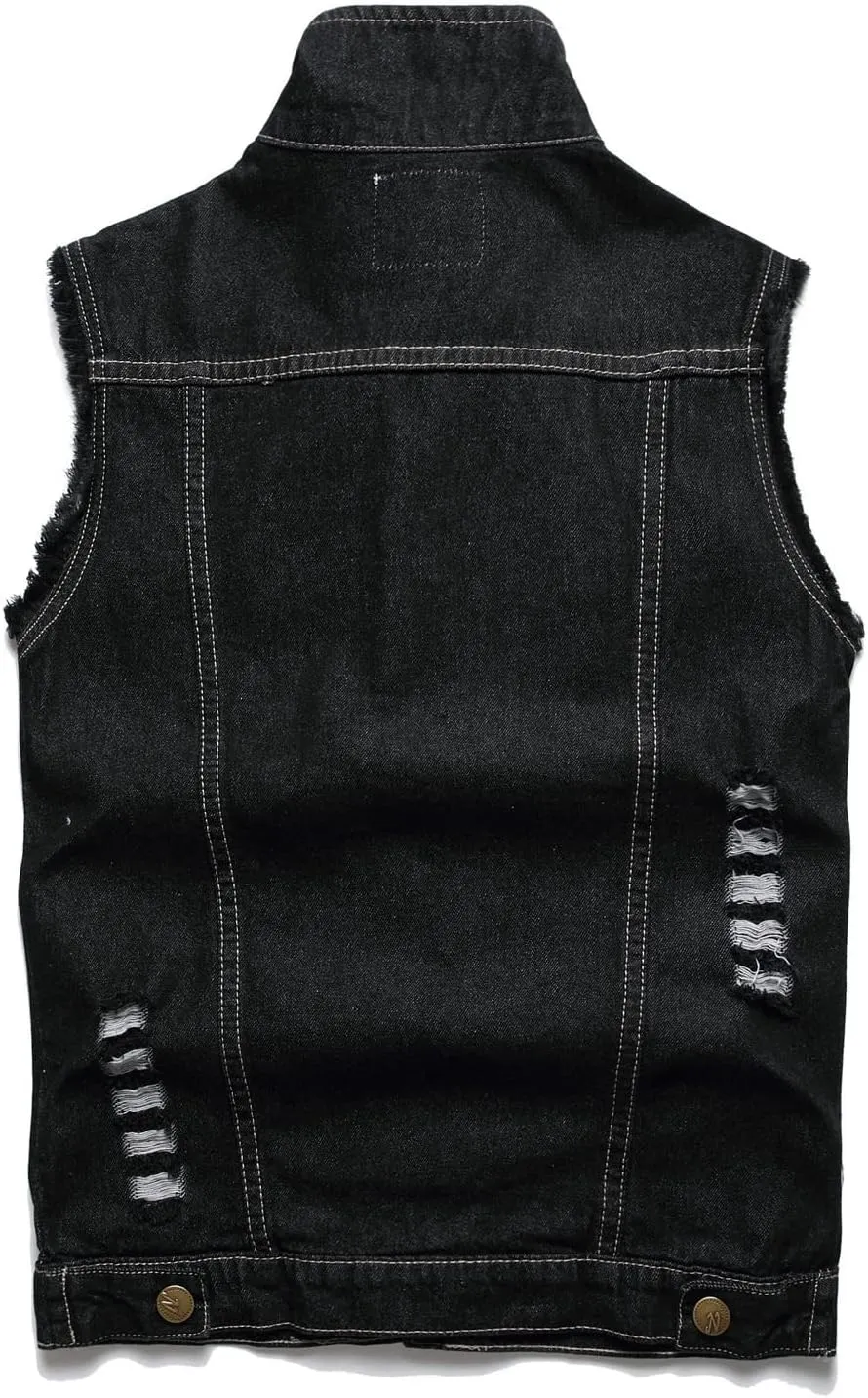 Denim Vest Men Lapel Sleeveless Slim Fit Retro Ripped Casual Jean Vest for Men's