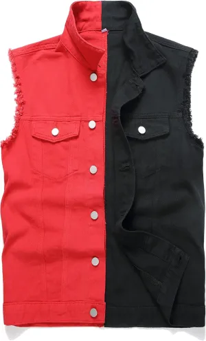 Denim Vest Men Lapel Sleeveless Slim Fit Retro Ripped Casual Jean Vest for Men's