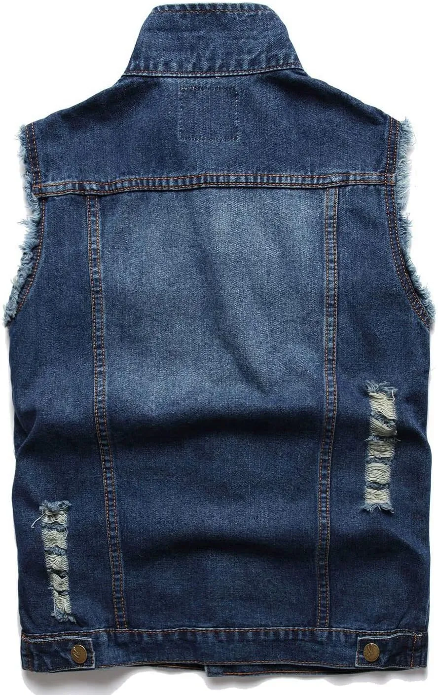 Denim Vest Men Lapel Sleeveless Slim Fit Retro Ripped Casual Jean Vest for Men's