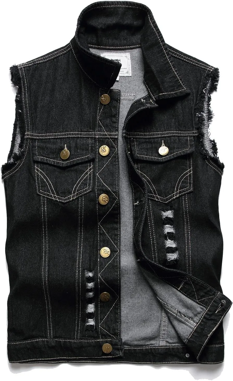 Denim Vest Men Lapel Sleeveless Slim Fit Retro Ripped Casual Jean Vest for Men's