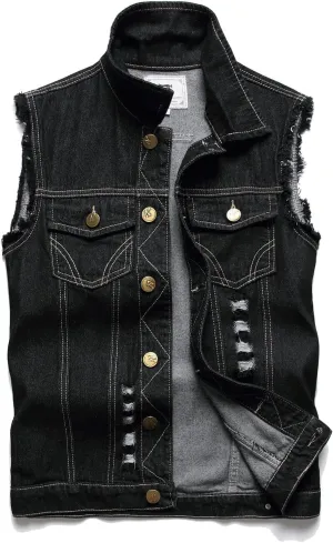 Denim Vest Men Lapel Sleeveless Slim Fit Retro Ripped Casual Jean Vest for Men's